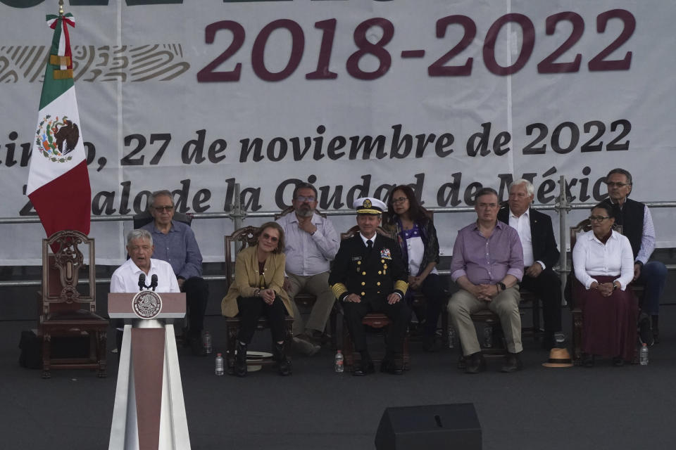 Mexican President Andres Manuel Lopez Obrador speaks during a march to the capital's main square, the Zócalo, where thousands met to show their support for his government, in Mexico City, Sunday, November 27, 2022. (AP Photo / Marco Ugarte)