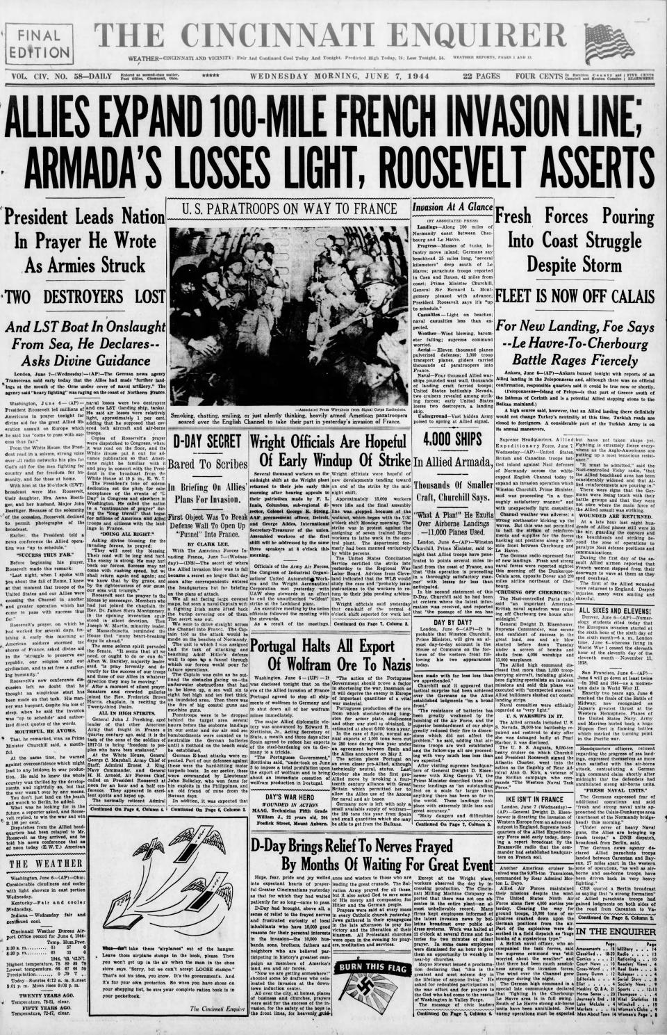 The Cincinnti Enquirer front page from June 7, 1944. Reporting on the D-Day invasion in France during World War II.
