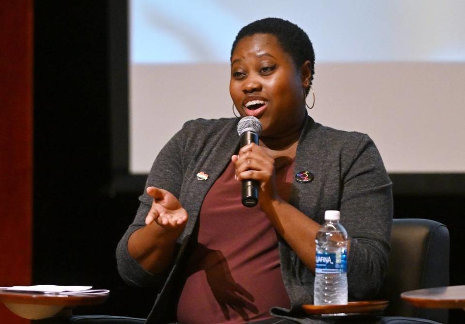 Dr. Apryl Lewis participates in the third panel discussion at the Stop The Hate Townhall, held Thursday evening, Sept. 28, 2023 at Fresno City College’s Old Administration Building theater in Fresno. The forum featured three separate panel discussions addressing the impact of hate crimes in the Fresno LGBTQ+ community.