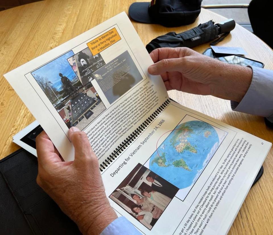 Gerald Fox, of Jackson Township, displays a booklet he wrote and assembled about his experiences serving in the Vietnam War in the late 1960s. The chronicles have been used as the basis for a slideshow documentary, "Just One Soldier's Story," which premieres for free at 4 p.m. Thursday in Silk Auditorium at Stark State College.