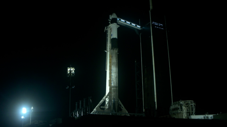 SpaceX’s Falcon 9 rocket with the Crew Dragon atop is seen at Kennedy Space Center’s Launch Complex 39A on April 26, 2022, ahead of the agency’s SpaceX Crew-4 launch.