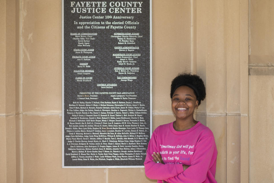 Tamara Morgan poses for a portrait in Atlanta on Sunday, March 13, 2022. Seeing Black women in leadership who embrace their identity means so much to Morgan. She said it's like looking into a mirror and seeing herself and what's possible. “When I look at women like Stacey Abrams and Ms. Jackson, I just feel as though there’s room and there's space for me in the world and a lot of other women that look just like us,” Morgan said. (AP Photo/Hakim Wright Sr.)