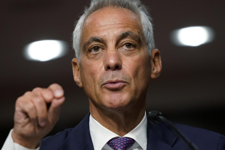 U.S. Ambassador to Japan nominee Rahm Emanuel speaks during a hearing to examine his nomination before the Senate Foreign Relations Committee on Capitol Hill in Washington, Wednesday, Oct. 20, 2021. (AP Photo/Patrick Semansky)