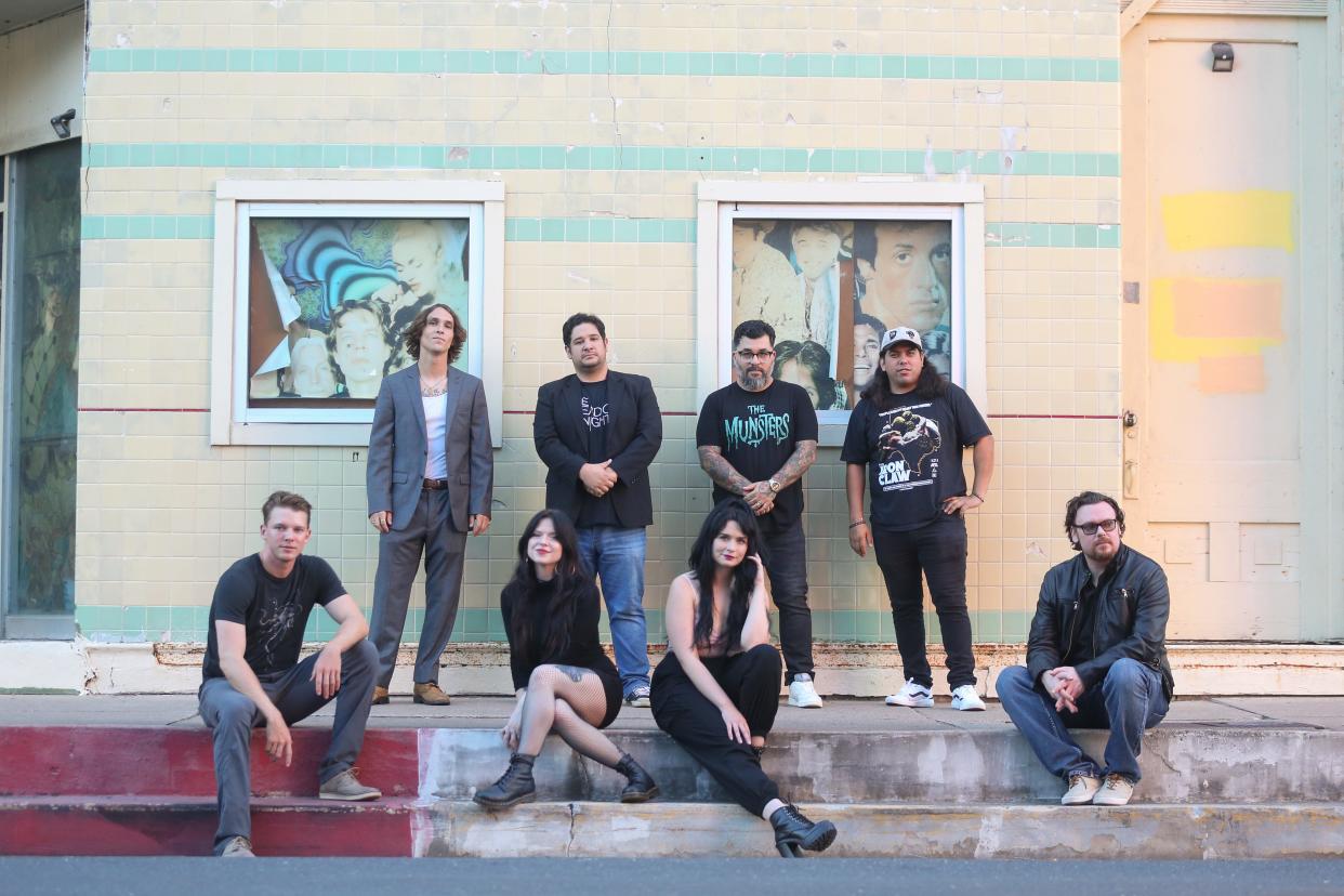 From left, directors Brady Bynum, Rene Guerrero, Gerald Flores, Emily Thyme, Jayda Rae Kolman, Jacob Grim, Mitchell Cummings and Jimmy Willden pose for a portrait outside of Produce Bar Co. on Peoples Street in downtown Corpus Christi Friday, Aug. 30, 2024. The eight are filmmakers for the horror anthology web series, "The Dead of Night."