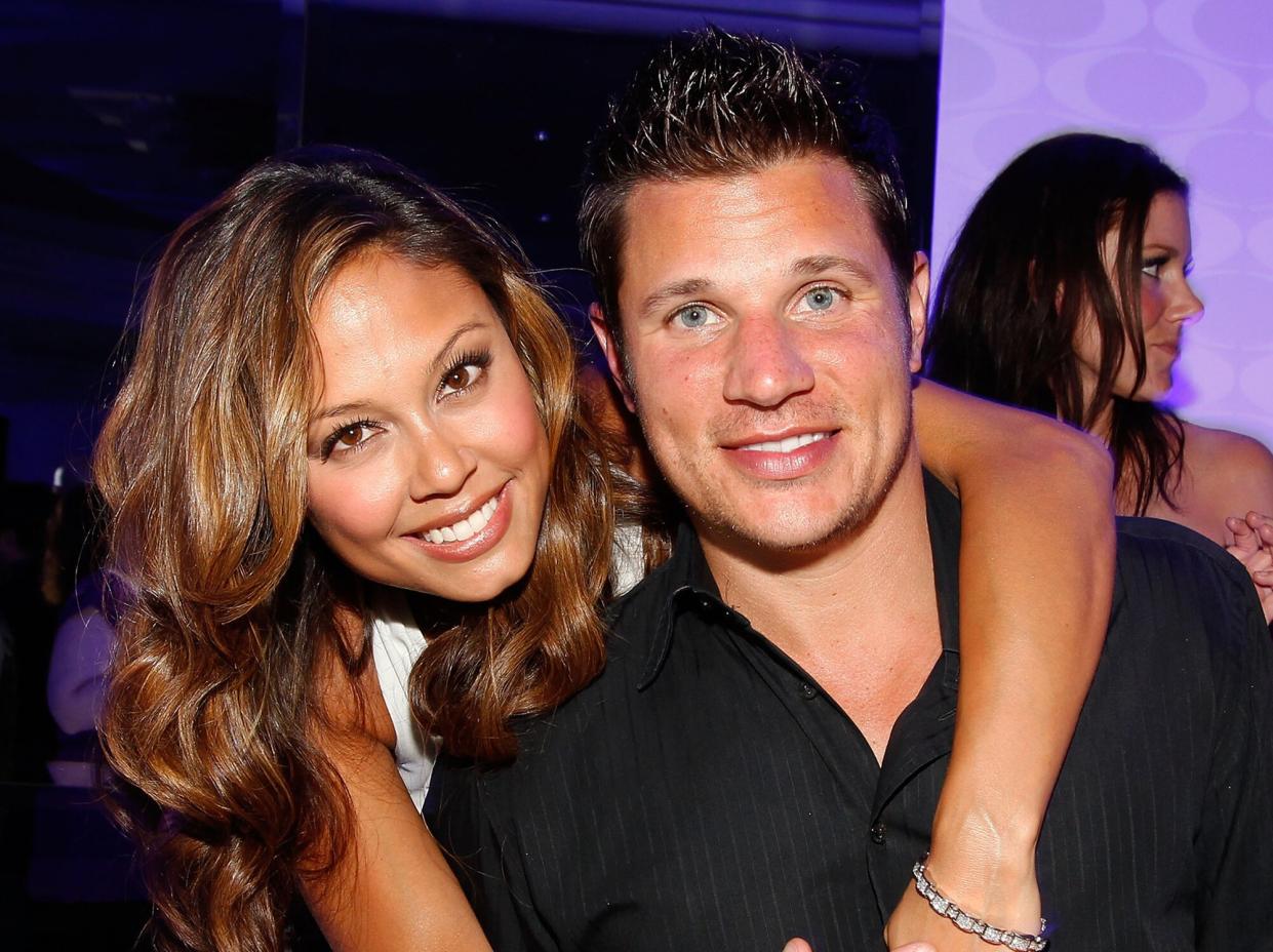 Vanessa Minnillo and singer/TV personality Nick Lachey attend the Super Skins Kick Off Party at Hotel 944 featuring Snoop Dogg at The Eden Roc Renaissance Miami Beach on February 4, 2010 in Miami Beach, Florida