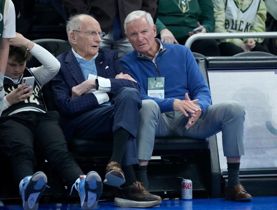 Prospective Bucks buyer Jimmy Haslam (right) watches the Milwaukee Bucks game against the Phoenix Suns during the first half of their game at Fiserv Forum in Milwaukee on Sunday, Feb. 26, 2023. -  Mike De Sisti / The Milwaukee Journal Sentinel