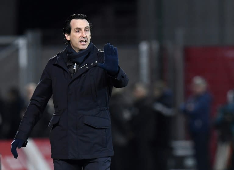 Paris Saint-Germain's head coach Unai Emery instructs players during their French Ligue 1 match against Dijon, at Gaston Gerard Stadium in Dijon, on February 4, 2017