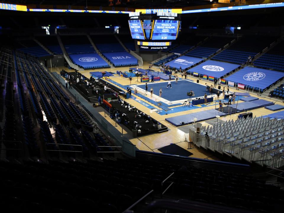 UCLA gymnastics prepares for a meet at Pauley Pavilion.