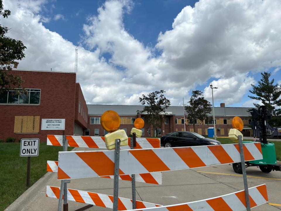 The Adair County Medical Clinic is boarded up and on lockdown Saturday, June 1, in Greenfield, Iowa.