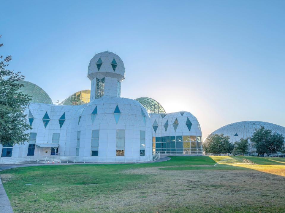 The Biosphere 2 research facility in Arizona, with unique architecture and well-kept landscapes.