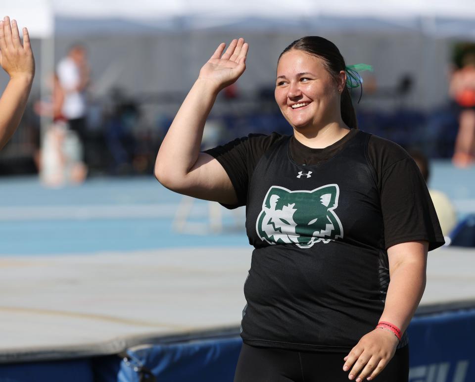 Green Canyon’s Abigail Blau wins the 4A girls shot put during the Utah high school track and field championships at BYU in Provo on Friday, May 19, 2023. | Jeffrey D. Allred, Deseret News