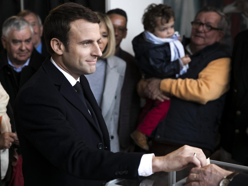 Emmanuel Macron, leader of the En Marche! movement, casts his vote on Sunday: Getty