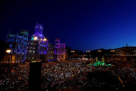 People take part in a rally of Catalan separatist organisations to demonstrate against the trial of Catalan leaders and call for self-determination rights, in Madrid, Spain March 16, 2019. REUTERS/Juan Medina