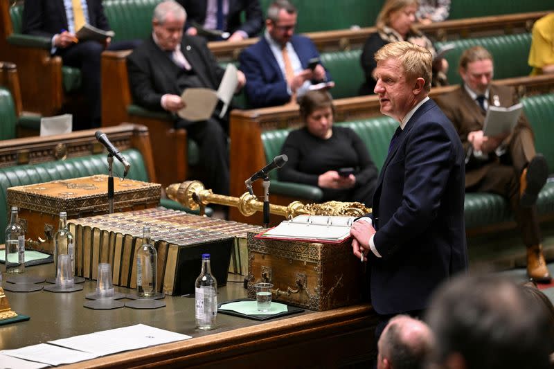 FILE PHOTO: British Deputy PM Dowden gives statement on cyber security and democracy at House of Commons in London