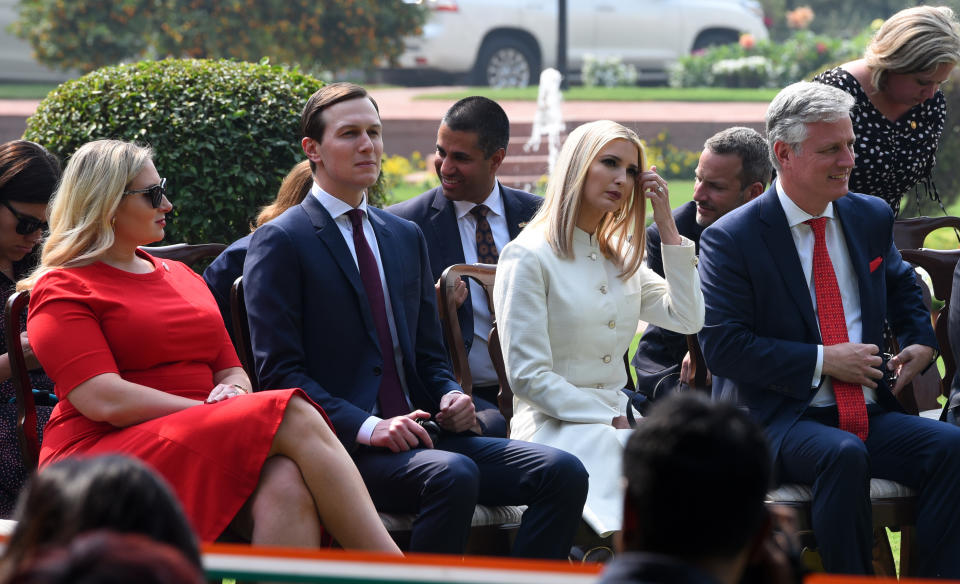 NEW DELHI, INDIA - FEBRUARY 25: Daughter and advisor to the US President Ivanka Trump and her husband and US White House Senior Advisor Jared Kushner arrive to attend the joint statement by US President Donald Trump and Prime Minister Narendra Modi, at Hyderabad House, on February 25, 2020 in New Delhi, India. (Photo by Mohd Zakir/Hindustan Times via Getty Images)