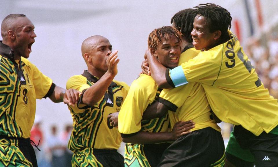 Theodore Whitmore celebrates after scoring Jamaica’s first goal in their 1998 World Cup win over Japan