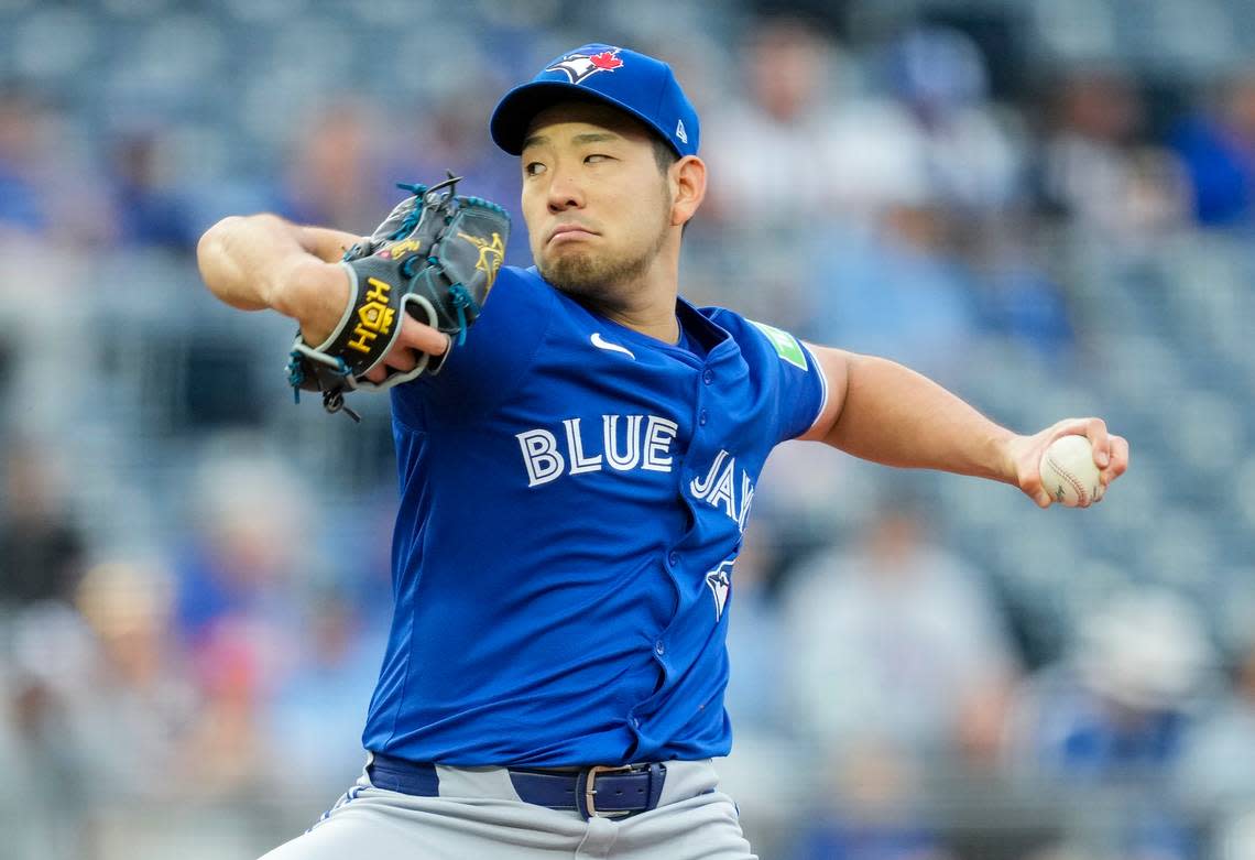 Toronto Blue Jays left-hander Yusei Kikuchi pitches against the Kansas City Royals on Monday evening at Kauffman Stadium.