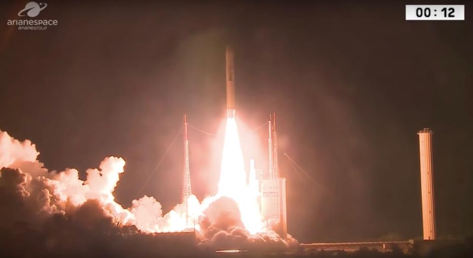 An Arianespace Ariane 5 rocket launches on its 100th mission, lifting off Sept. 25, 2018, from Europe's Spaceport in Kourou, French Guiana. <cite>Arianespace</cite>