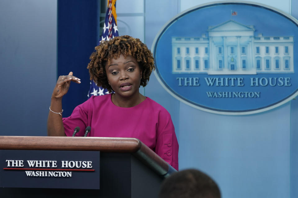 White House press secretary Karine Jean-Pierre speaks during the daily briefing at the White House in Washington, Monday, Dec. 12, 2022. (AP Photo/Susan Walsh)