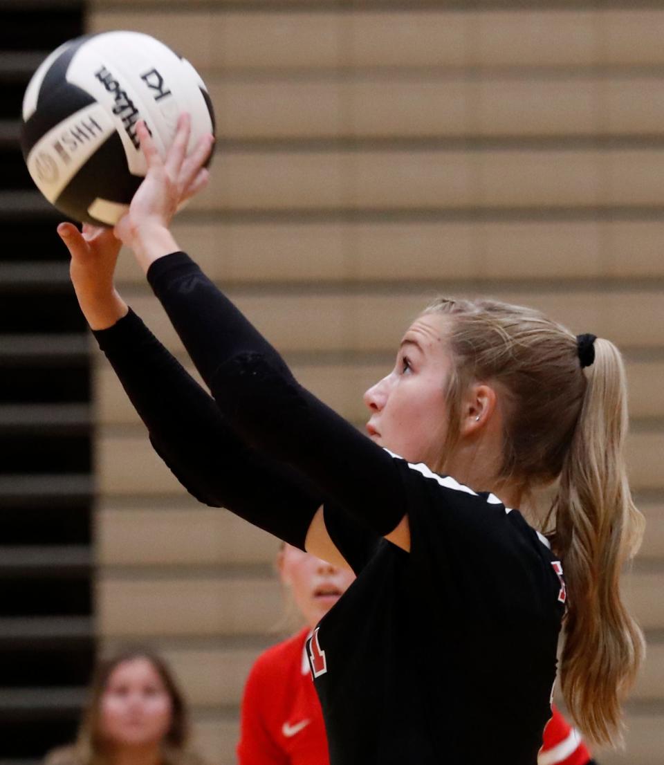 Frontier Emma Segal (11) hits the ball during the IHSAA girls volleyball match against Harrison, Tuesday, Aug. 22, 2023, at Harrison High School in West Lafayette, Ind. Segal signed on to play volleyball at Indiana University.