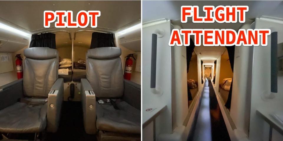 Wide-angle images of both the pilot and flight attendant rest area.