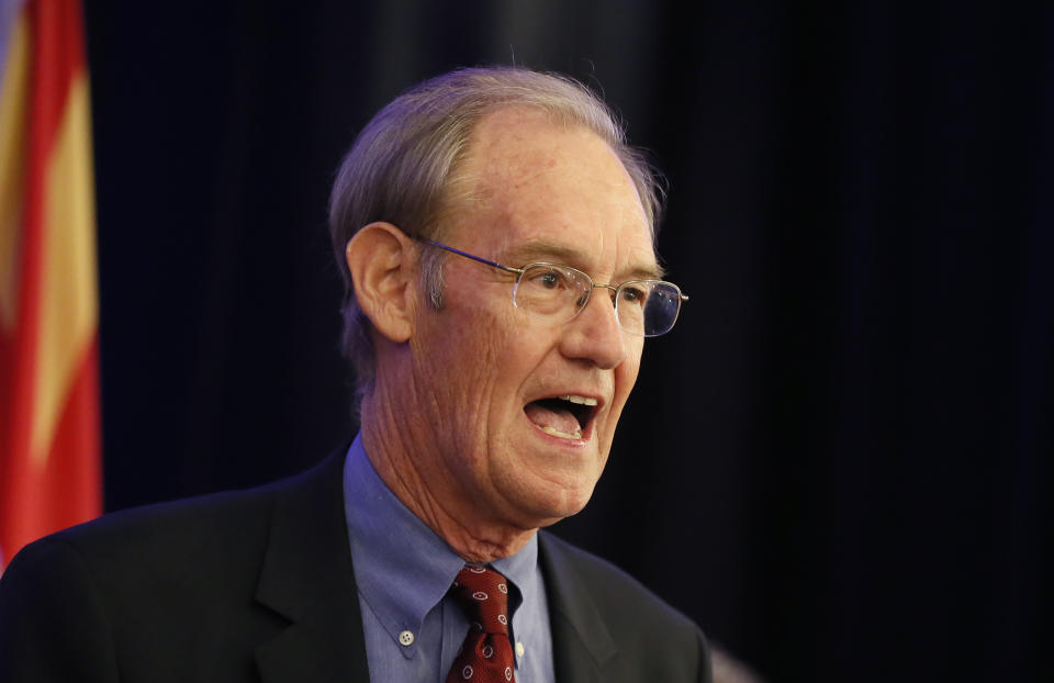 FILE - Terry Goddard speaks during an election night party on Nov. 4, 2014, in Phoenix. Republican Arizona Gov. Doug Ducey and the GOP leaders of the state House and Senate are urging the state Supreme Court to overrule lower court judges and block three voter initiatives from the ballot. Goddard, a former Arizona attorney general is among a bipartisan group including business figures backing an initiative requiring full disclosure of political spending. (AP Photo/Matt York, File)