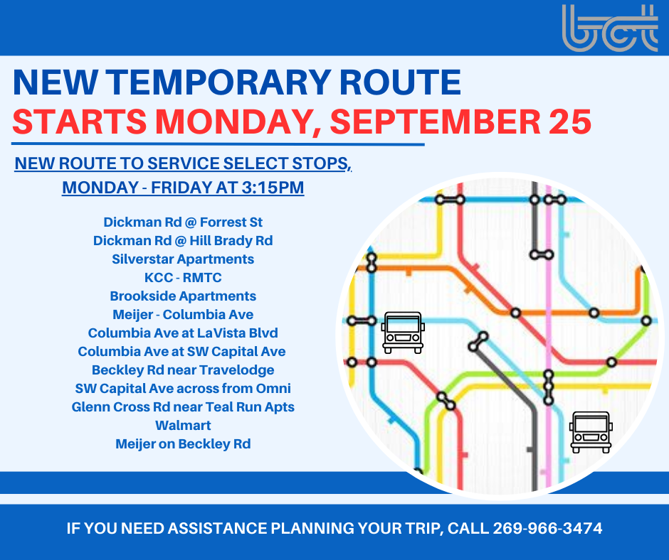 To better serve the community, and add some connections at the end of the day, Battle Creek Transit has created a temporary bus route that will leave the downtown Transfer Center at 3:15 p.m., Monday through Friday.