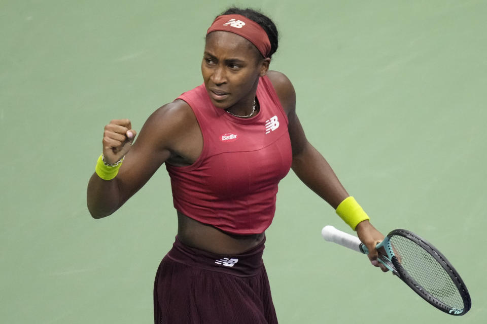 Coco Gauff, of the United States, reacts during a match against Aryna Sabalenka, of Belarus, during the women's singles final of the U.S. Open tennis championships, Saturday, Sept. 9, 2023, in New York. (AP Photo/John Minchillo)