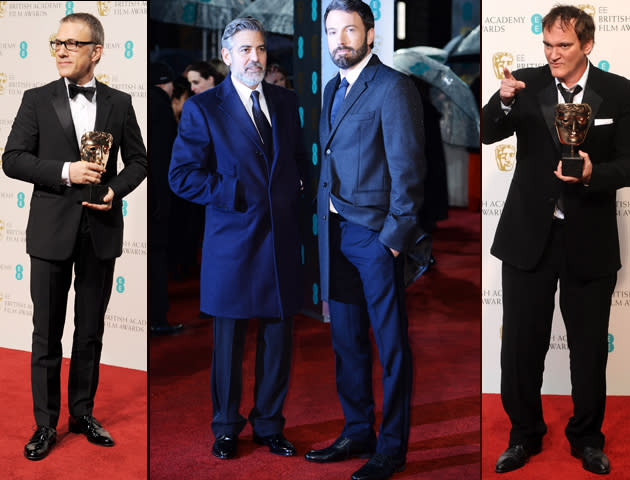 … und diese Herren. Auch Christoph Waltz und Regisseur Quentin Tarantino durften sich über einen goldenen Award freuen. Vielleicht gibt es ja auch schon bald einen Goldjungen dazu. <br><br><b>[BAFTAs 2013: <a href=" http://de.kino.yahoo.com/blogs/filmblog/baftas-2013-die-gewinner-der-britischen-oscars-005923662.html" data-ylk="slk:Die Gewinner ];elm:context_link;itc:0;sec:content-canvas;outcm:mb_qualified_link;_E:mb_qualified_link;ct:story;" class="link  yahoo-link">Die Gewinner ]</a></b>