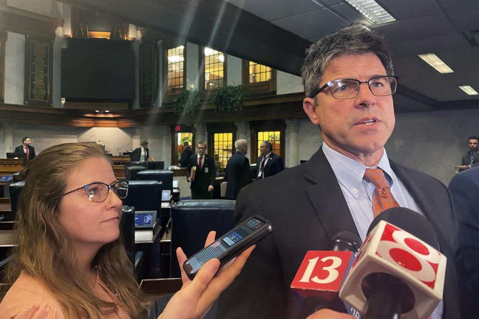 Indiana Republican Senate President Pro Tem Rodric Bray speaks with reporters Tuesday, Feb. 28, 2023, in the Indiana State Capitol in Indianapolis, after the Republican-dominated Senate approved a ban on all gender-affirming care for those under 18. (AP Photo/Arleigh Rodgers)