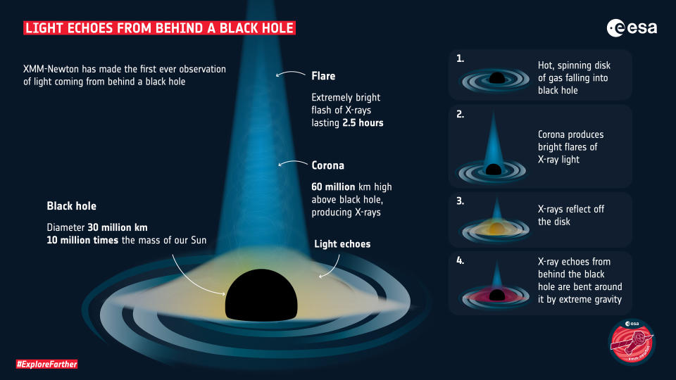 An infographic depicting the light from behind a black hole. (ESA)