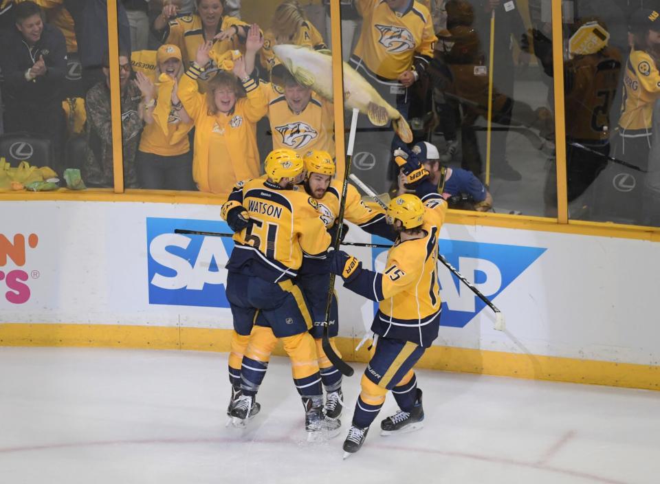 <p>The Predators scored twice in 42 seconds in the second period, including this goal by Frederick Gaudreau, and never looked back.<br> (Scott Rovak-USA TODAY Sports) </p>