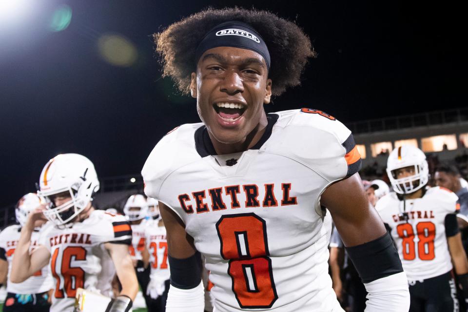 Central York junior cornerback Saxton Suchanic reacts after the Panthers shut out Cumberland Valley, 14-0, in 2023. Suchanic, nicknamed 'The Seatbelt' by his teammates for locking down opponents, didn't give up a touchdown this past season.