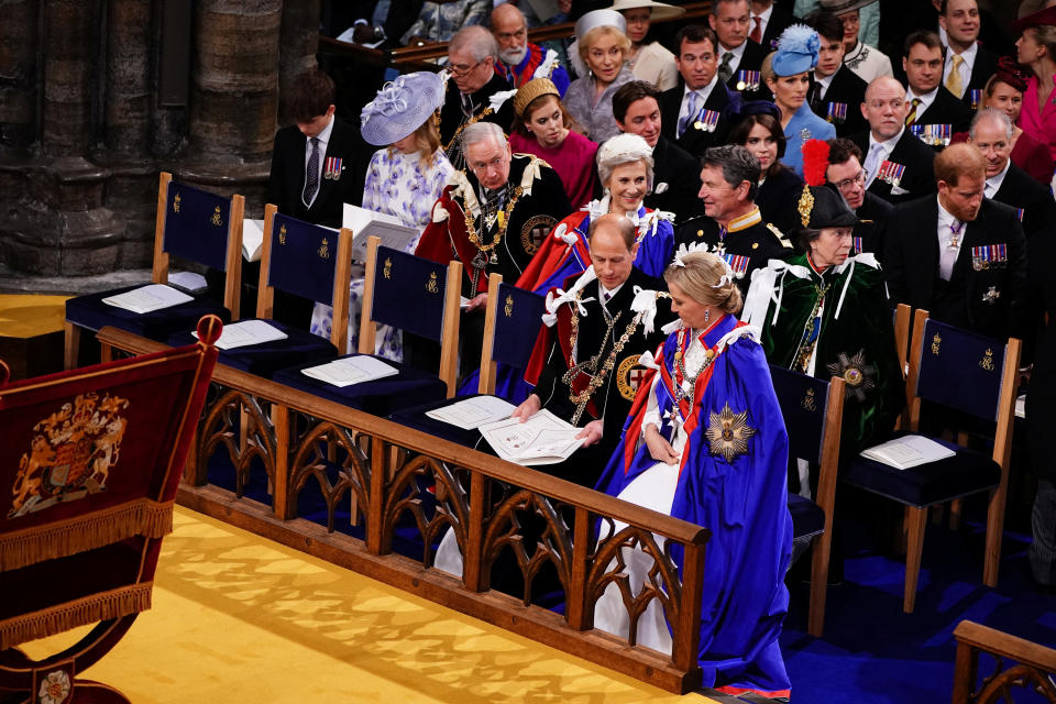 <p>(Left to right 3rd and 4th row) The Duke of York, Princess Beatrice, Peter Phillips, Edoardo Mapelli Mozzi, Zara Tindall, Princess Eugenie, Jack Brooksbank, Mike Tindall and the Duke of Sussex, (left to right 2nd row) the Earl of Wessex, Lady Louise Windsor, the Duke of Gloucester, the Duchess of Gloucester the Princess Royal Vice Admiral Sir Tim Laurence, (1st row) the Duke and Duchess of Edinburgh at the coronation ceremony of King Charles III and Queen Camilla in Westminster Abbey, London. Picture date: Saturday May 6, 2023.Yui Mok/Pool via REUTERS</p> 