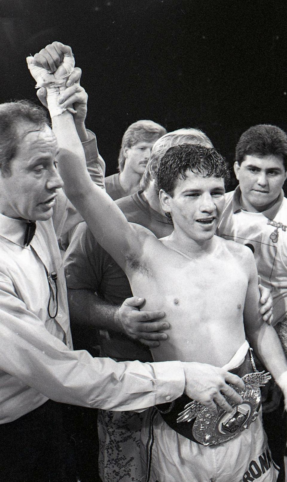 Jesse Benavides wins the World Boxing Organization's junior featherweight world crown at Memorial Coliseum on May 24, 1991, in Corpus Christi, Texas.