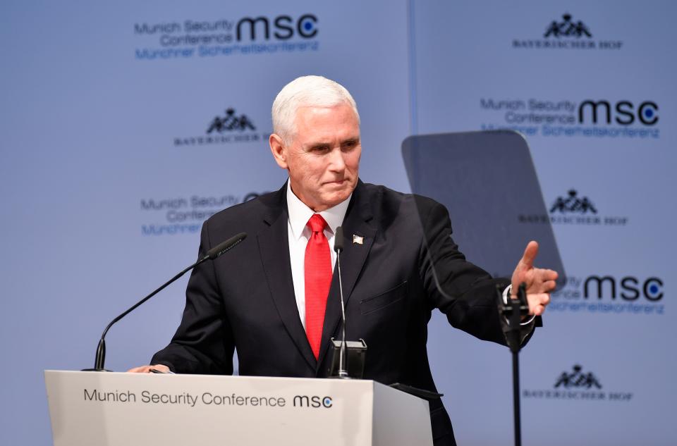 US Vice President Mike Pence delivers a speech during the 55th Munich Security Conference in Munich, southern Germany, on February 16, 2019. - The 2019 edition of the Munich Security Conference (MSC) takes place from February 15 to 17, 2019. (Photo by Thomas KIENZLE / AFP) (Photo credit should read THOMAS KIENZLE/AFP/Getty Images)