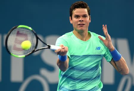 Tennis - Brisbane International - Pat Rafter Arena, Brisbane, Australia - 7/1/17 Canada’s Milos Raonic hits a shot during his match against Bulgaria’s Grigor Dimitrov. REUTERS/Steve Holland