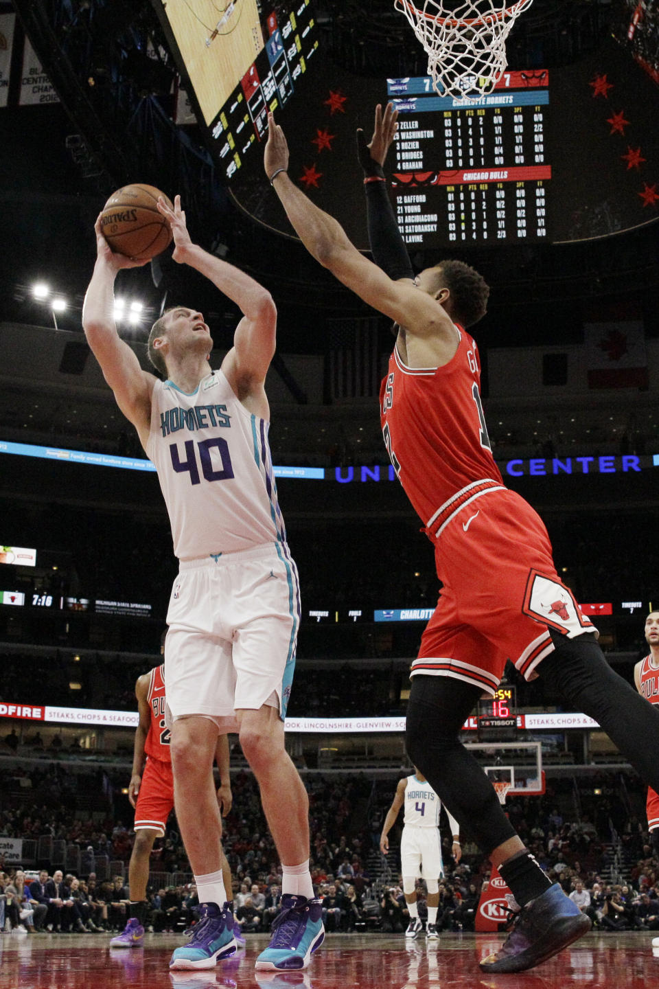 Charlotte Hornets center Cody Zeller, left, shoots against Chicago Bulls forward Thaddeus Young during the first half of an NBA basketball game in Chicago, Thursday, Feb. 20, 2020. (AP Photo/Nam Y. Huh)