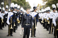 Catalina Foothills High School Falcon Band, of Arizona, waits for the 134th Rose Parade to begin in Pasadena, Calif., Monday, Jan. 2, 2023. (Sarah Reingewirtz/The Orange County Register via AP)