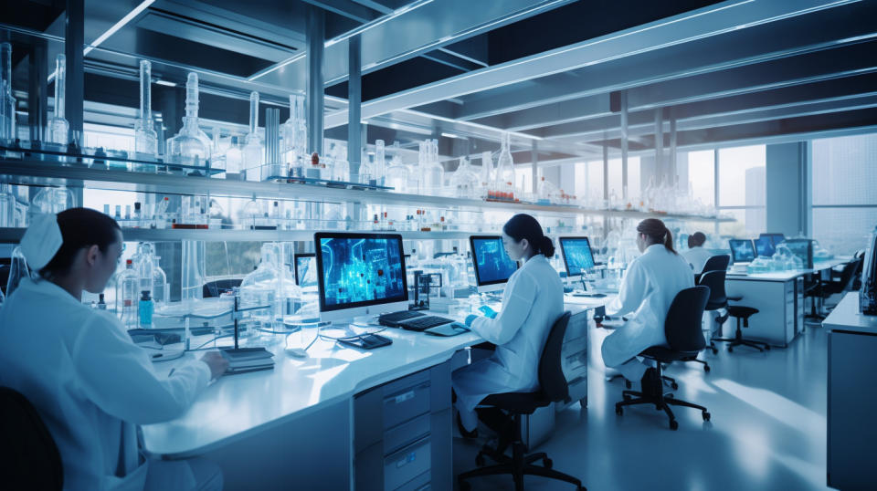 A biopharmaceutical team in a laboratory analyzing new compounds to develop therapeutics.