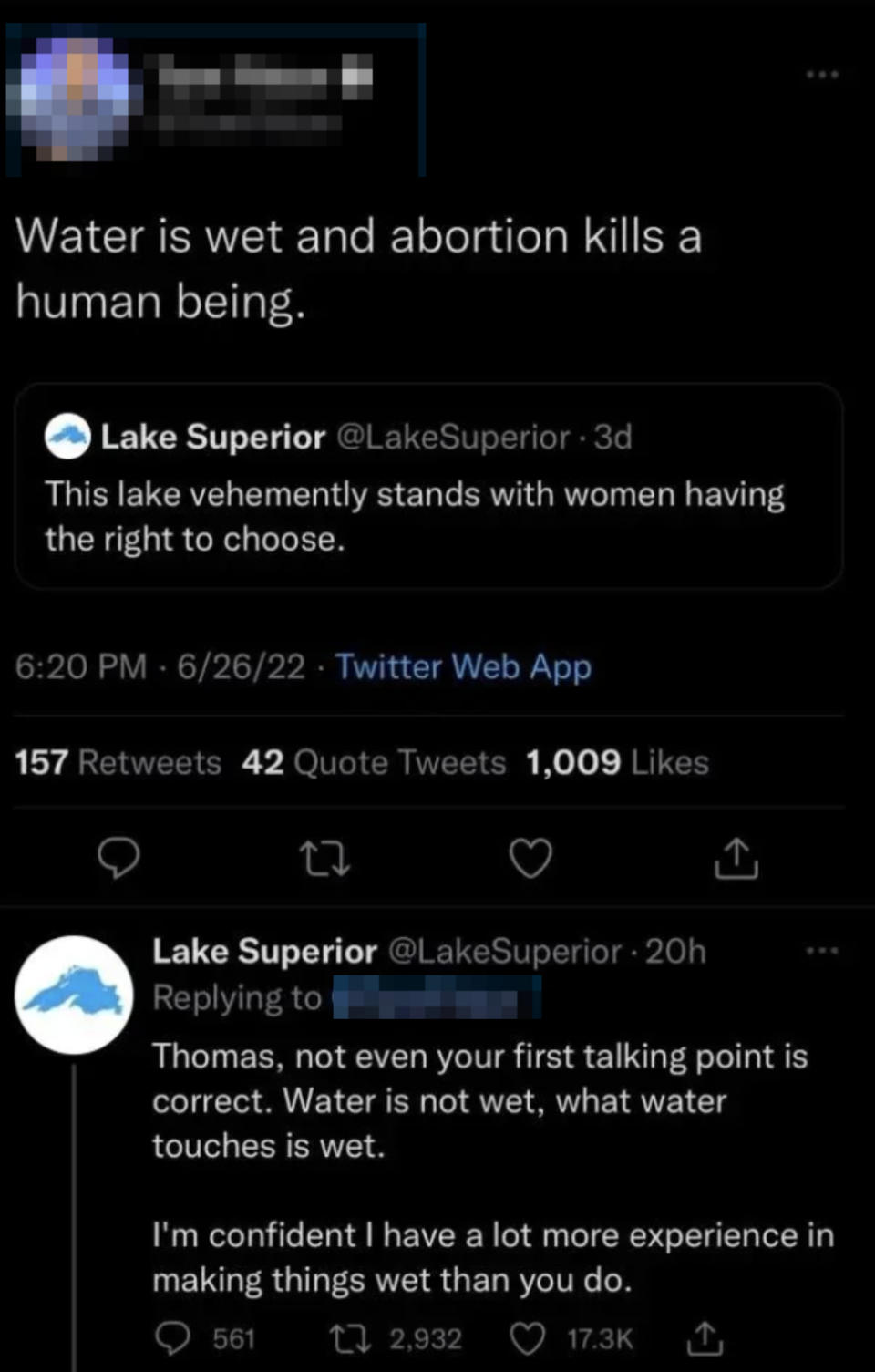 A Twitter conversation thread with users and @LakeSuperior discussing water's non-lethal qualities.