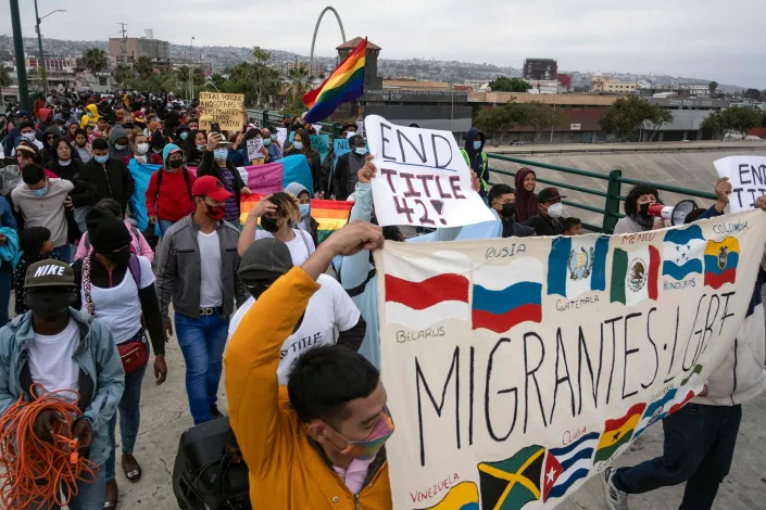 Migrants and asylum seekers protest Title 42 near the U.S.-Mexican border in Tijuana, Baja California state, Mexico, on May 22.