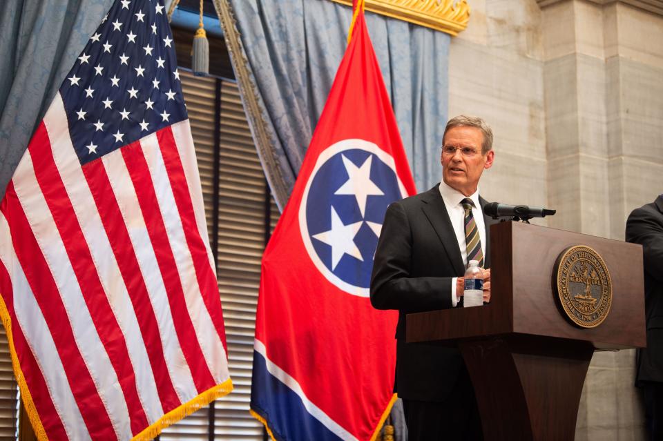 Gov. Bill Lee holds a news conference, discussing the unemployment rate, hospital capacity and the schools at Tennessee State Capitol in Nashville, Thursday, Sept. 2, 2021.
