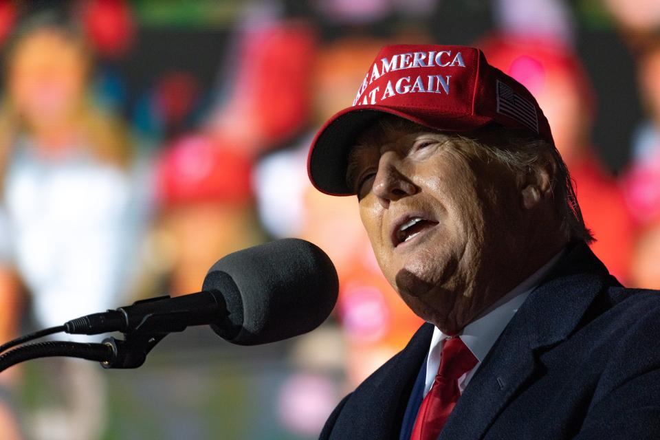 Former U.S. President Donald Trump speaks during a Save America rally on March 26, 2022 in Commerce, Georgia, part of Trump's Save America tour around the United States. (Photo by Megan Varner/ Getty Images)