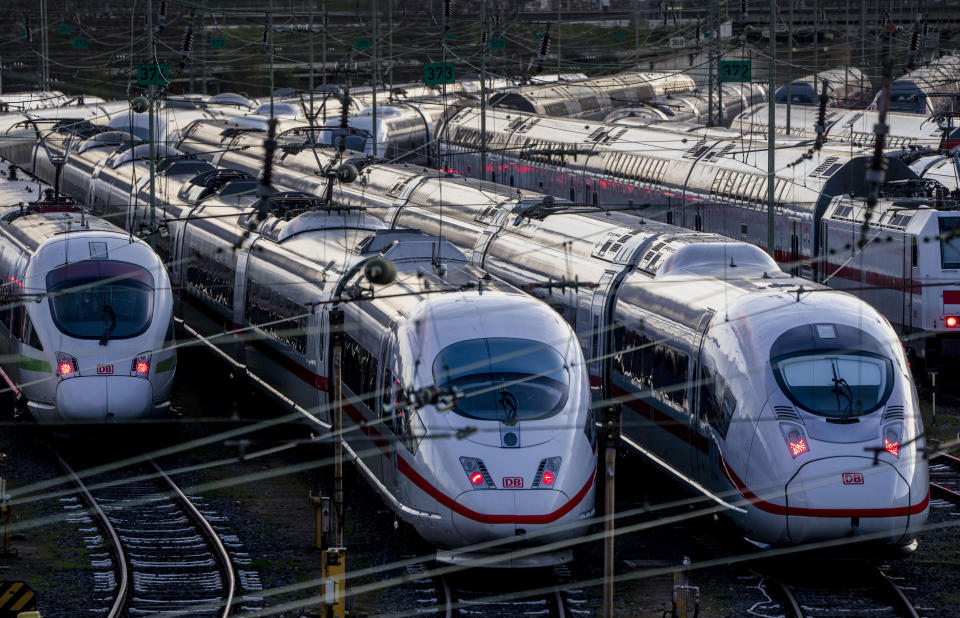 FILE - ICE trains are parked near the central train station in Frankfurt, Germany, Monday, March 27, 2023. Mediators on Wednesday presented their proposal to end a long-running pay dispute between Germany's main national railway operator and a major union, a two-year settlement that would head off damaging all-out strikes. (AP Photo/Michael Probst, File)