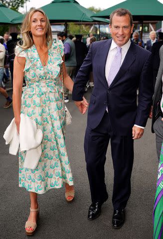 <p>Zac Goodwin/PA Images via Getty</p> Harriet Sperling and Peter Phillips arrive at Wimbledon on July 10, 2024
