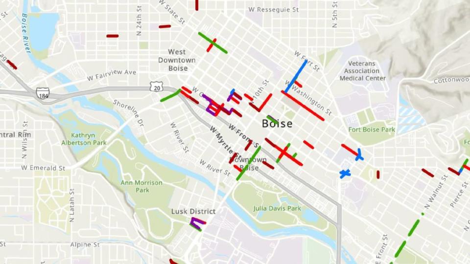 This image shows roadwork in downtown Boise in May, 2024. Lines in red indicate road closures, green for restrictions, dark red for pending closures and blue for pending restrictions.