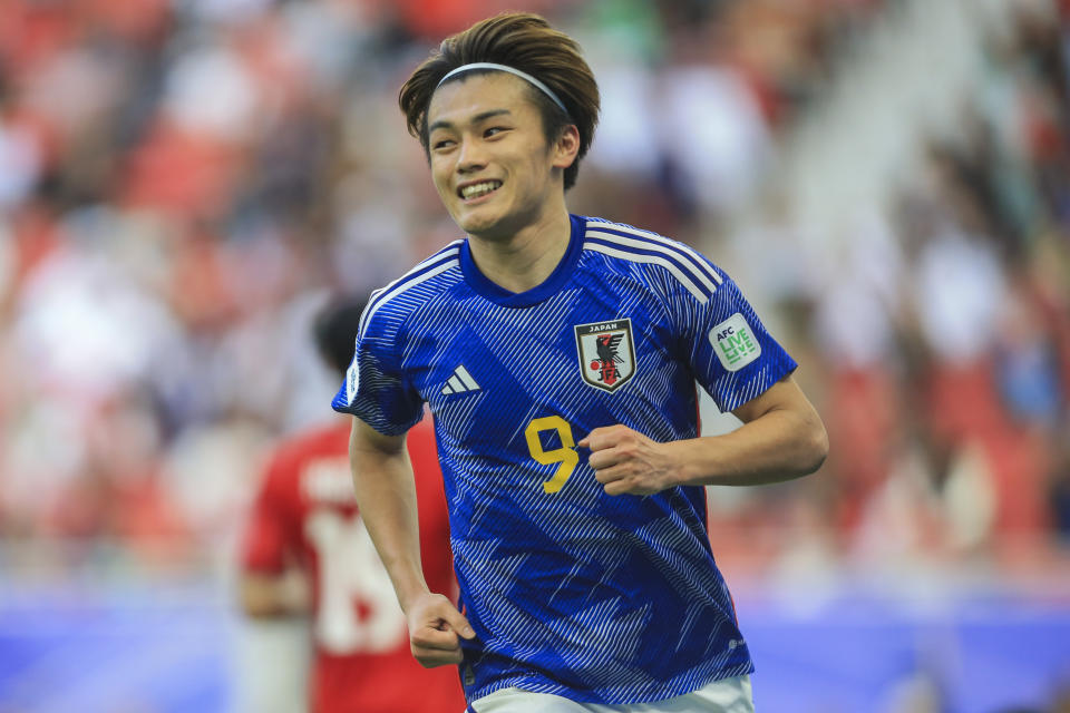 Japan's Ayase Ueda during the Asian Cup round of 16 soccer match between Japan and Bahrain at Al Thumama Stadium in Doha, Qatar, Wednesday, Jan. 31, 2024. (AP Photo/Hussein Sayed)