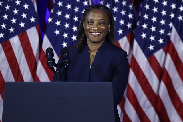 <p>Chip Somodevilla/Getty Images</p> Emily's List President Laphonza Butler addresses a Biden-Harris campaign rally on June 23, 2023, the first anniversary of the Supreme Court's anti-choice "Dobbs v. Jackson" decision