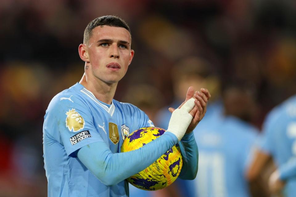 Foden scored another hat-trick in City’s win at Brentford last month (AP)